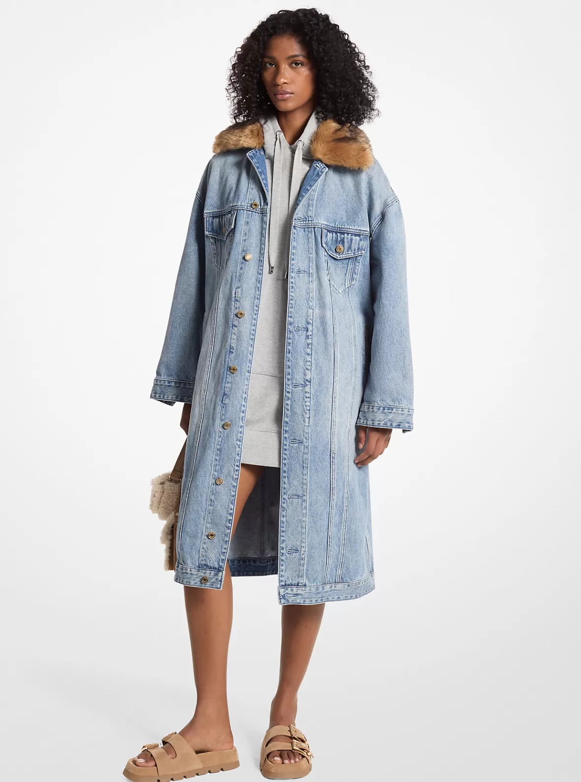 Michael Kors Faux Fur Trim Denim Oversized Coat*Women Jackets & Coats