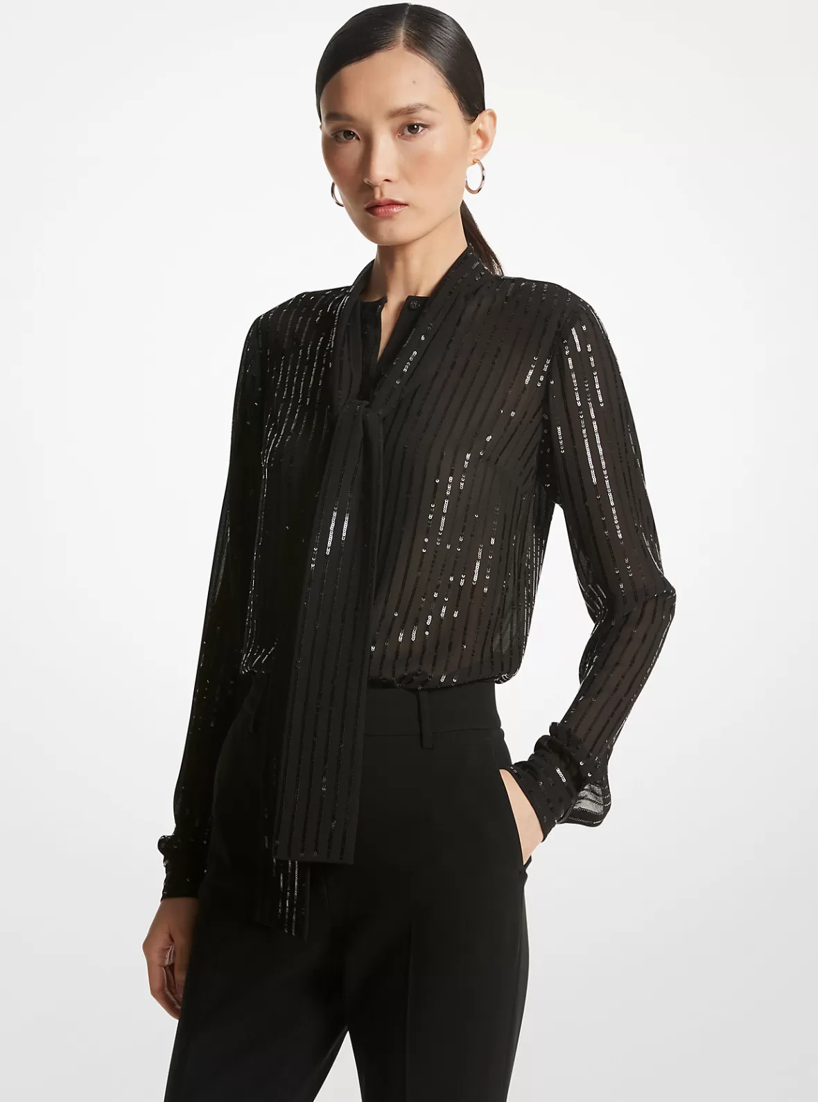 Michael Kors Pinstripe Sequined Georgette Tie-Neck Blouse*Women Tops