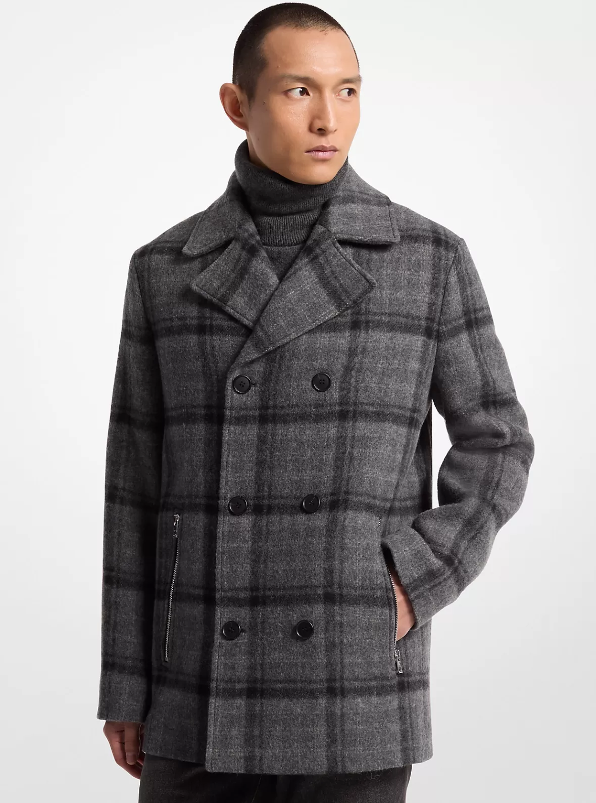 Michael Kors Plaid Textured Wool Blend Peacoat* Jackets & Outerwear