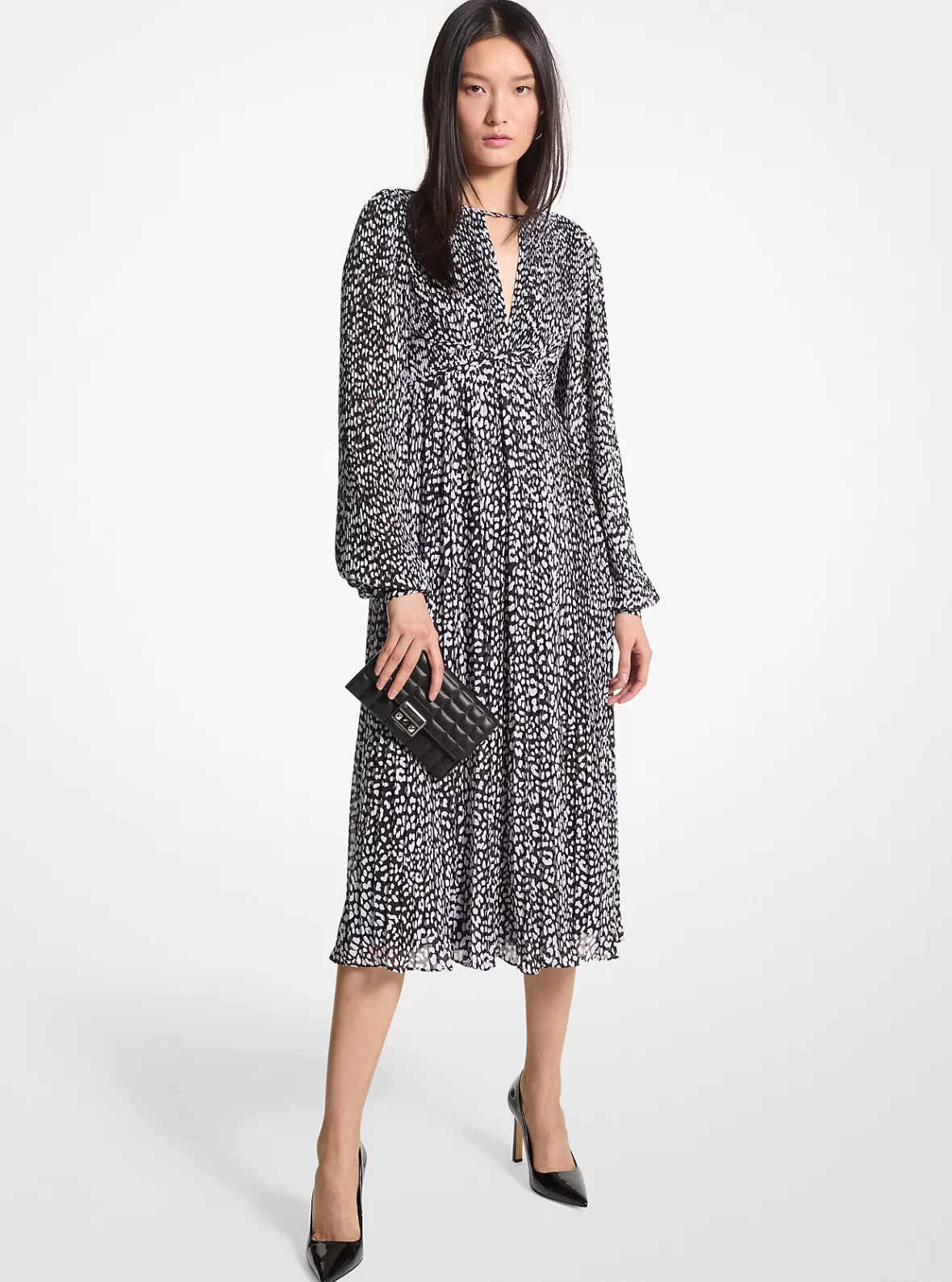 Michael Kors Pleated Leopard Print Georgette Midi Dress*Women Dresses