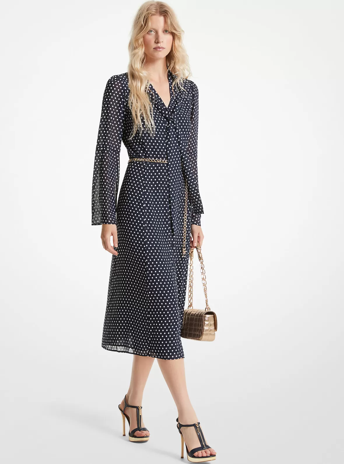 Michael Kors Polka Dot Georgette Tie-Neck Midi Dress*Women Dresses