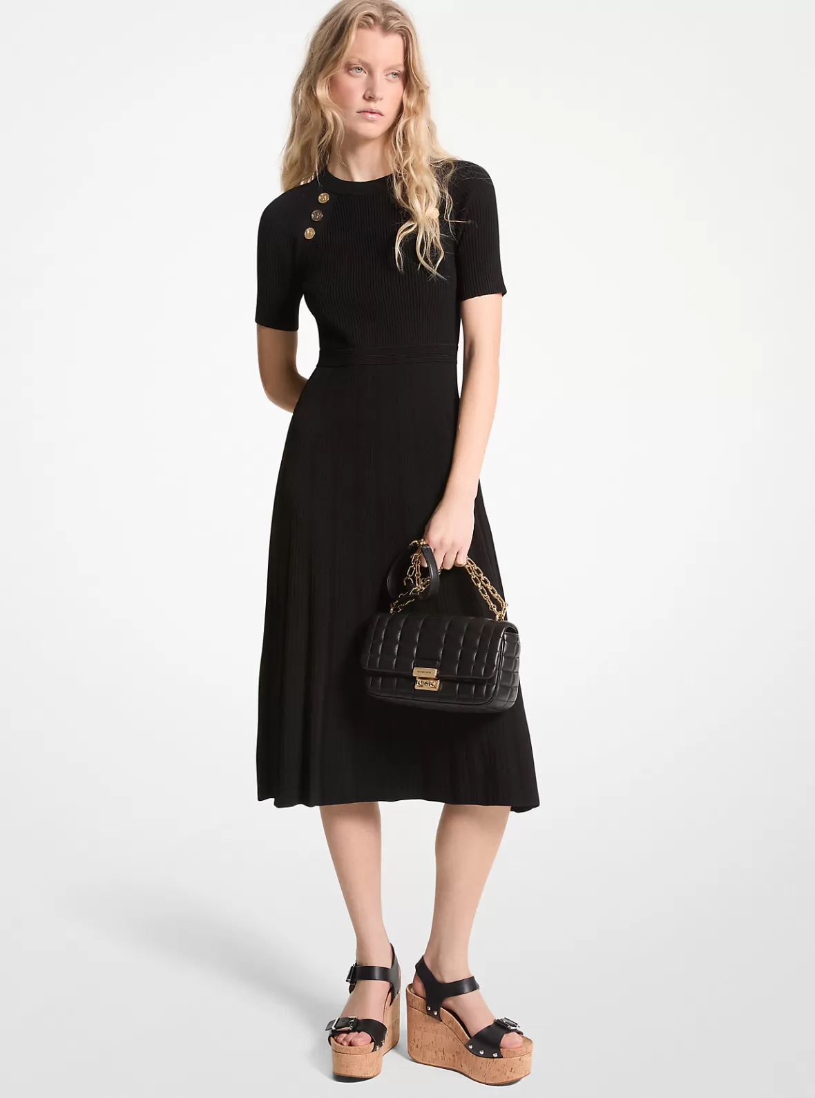 Michael Kors Ribbed Stretch Knit Button Midi Dress*Women Dresses