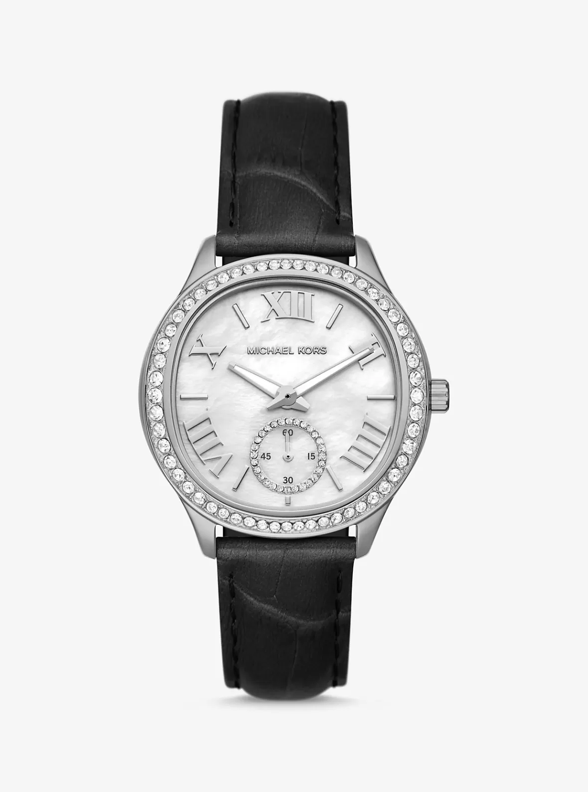 Michael Kors Sage Pavé Silver-Tone and Crocodile Embossed Leather Watch* Black