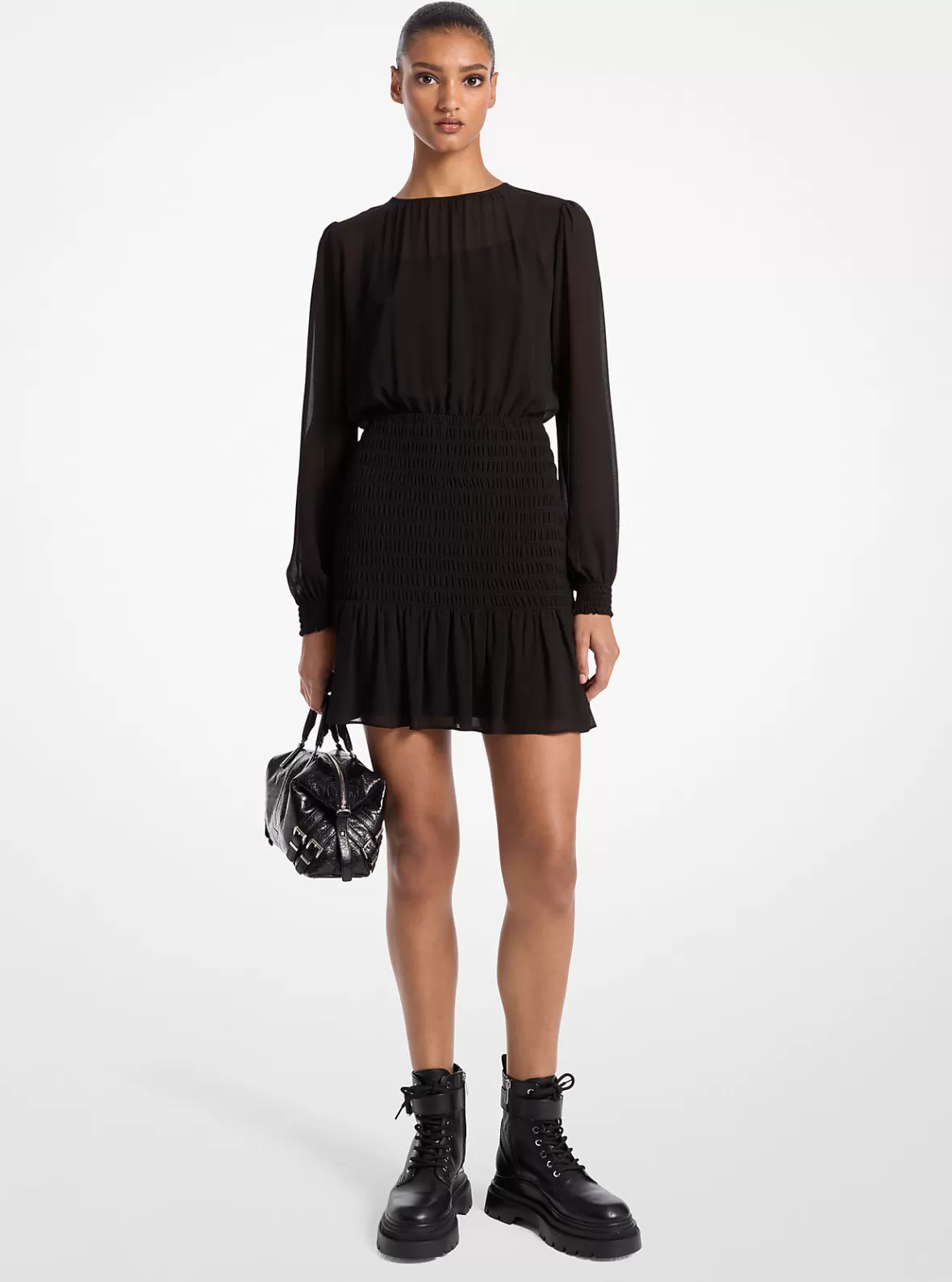 Michael Kors Smocked Georgette Long Sleeve Dress*Women Dresses