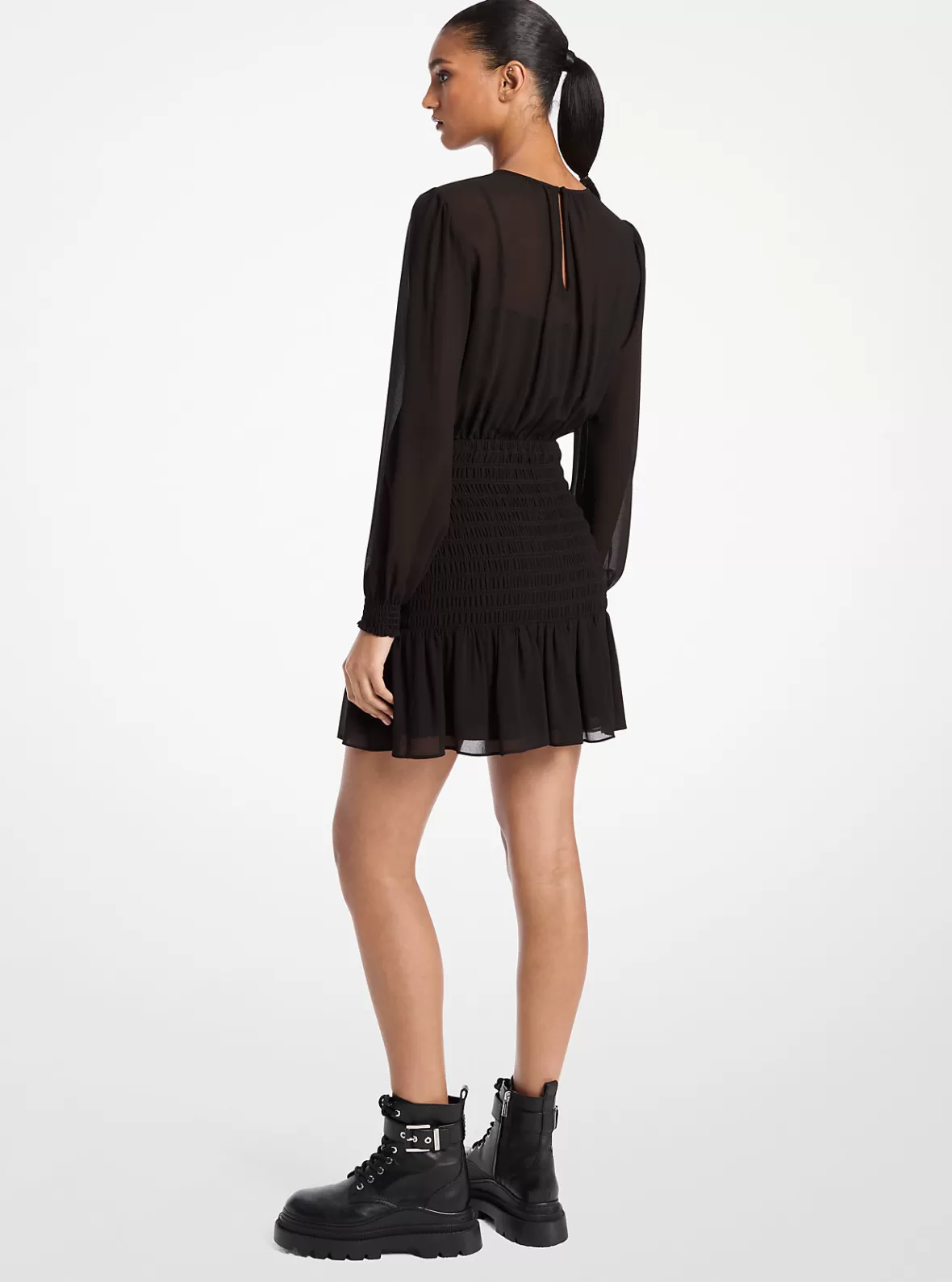 Michael Kors Smocked Georgette Long Sleeve Dress*Women Dresses