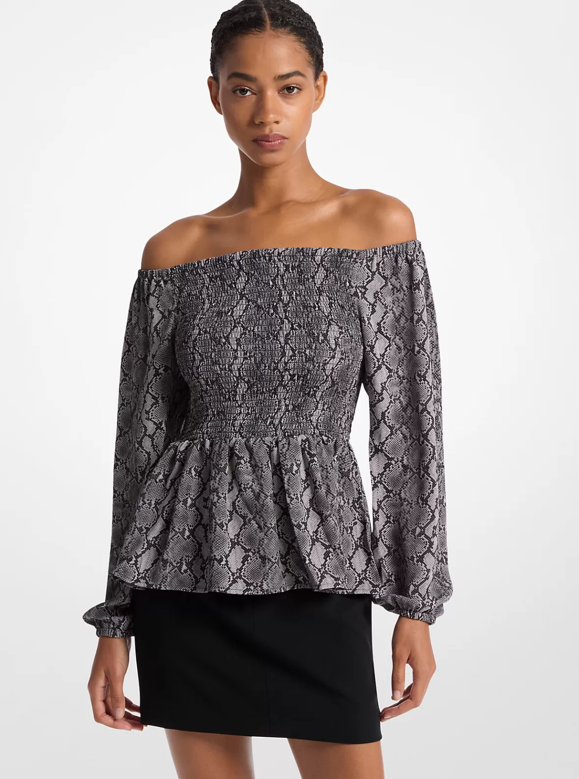 Michael Kors Snake Print Satin Back Crepe Off-The-Shoulder Blouse*Women Tops